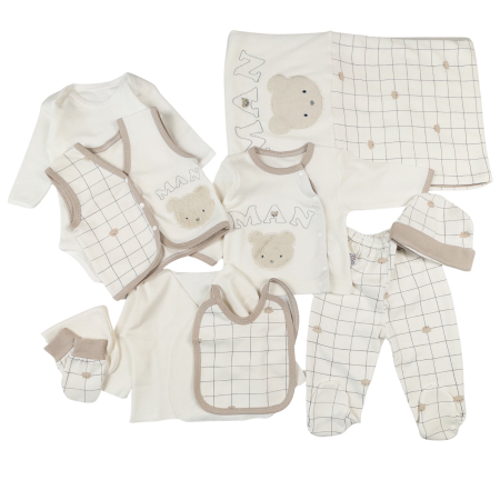 Haine bebelusi baieti ❤️ - Set pentru nou nascuti, 10 piese, model Ursulet. culoare Ivoire
