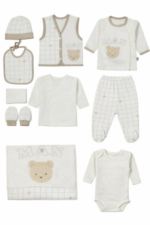 Compleuri bebelusi baieti - Set pentru nou nascuti, 10 piese, model Ursulet. culoare Ivoire