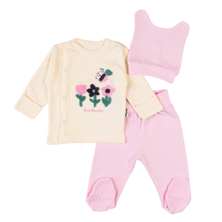 Imbracaminte nou-nascuti ❤️ - Set 3 piese pentru nou-născuți, imprimeu floral și albinuță, roz