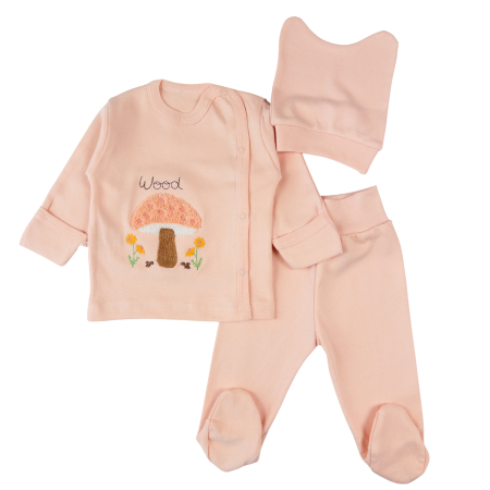 Imbracaminte nou-nascuti ❤️ - Set pentru nou-născuți 3 piese, model Ciupercuță Brodată, Coral