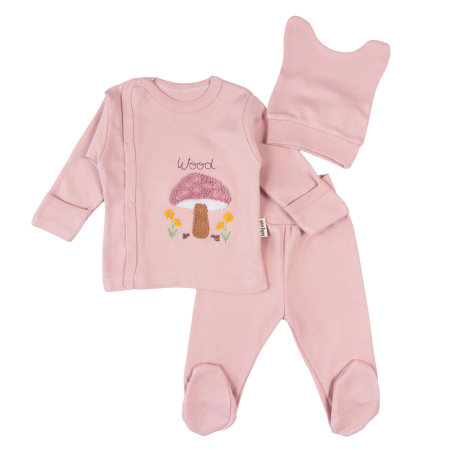Haine bebelusi fete ❤️ - Set pentru nou-născuți 3 piese, model Ciupercuță Brodată, Roz Pudrat