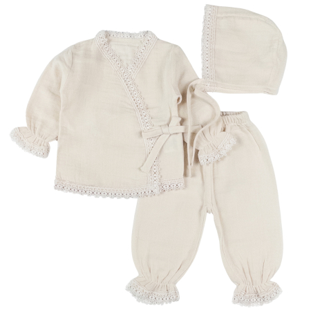 Seturi fetite - Set pentru nou-născuți – 3 piese, model Dantela , bej deschis