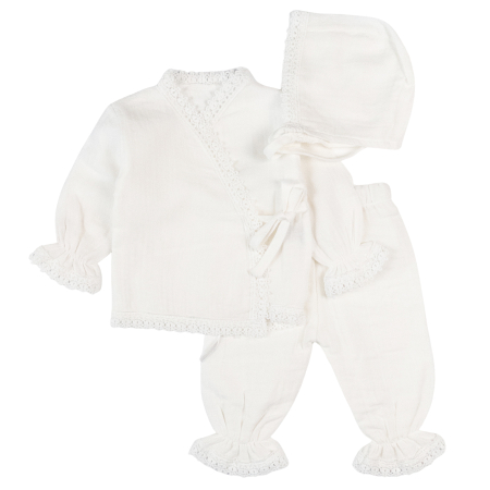 Seturi fetite - Set pentru nou-născuți – 3 piese, model Dantela alb