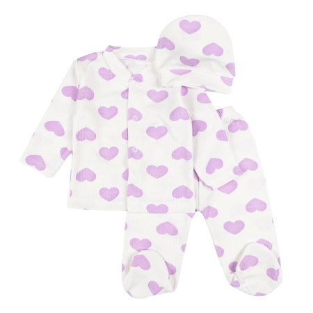 Seturi fetite - Set pentru nou-născuți – 3 piese, model Inimioare mov