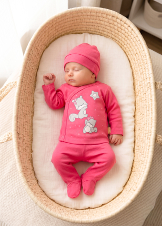 Haine bebelusi fete ❤️ - Set pentru nou-născuți – 3 piese, model Steluțe Jucăușe, Roz Fucsia