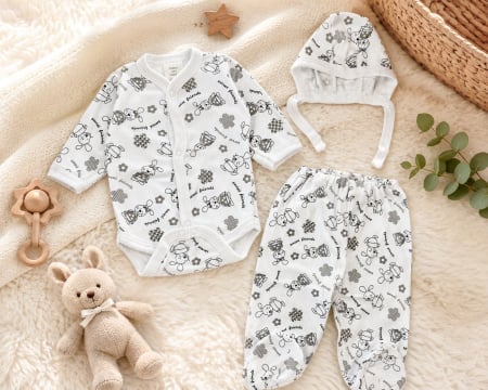 Haine bebelusi baieti ❤️ - Set pentru nou-născuți, 3 piese, model cu Iepurași Jucăuși