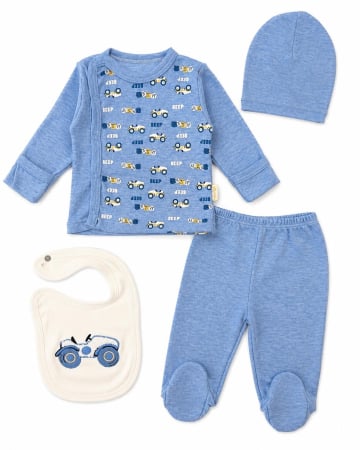 Compleuri bebelusi baieti - Set pentru nou-născuți, 4 piese bleu, Model Masinute