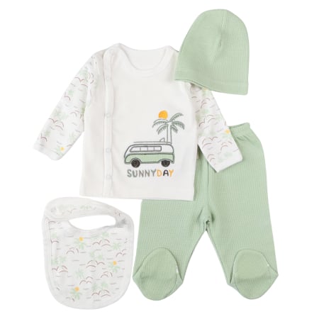 Compleuri bebelusi baieti - Set pentru nou-născuți, 4 piese, Model Masinute, vernil