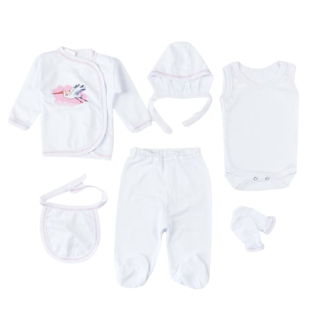 Haine bebelusi fete ❤️ - Set pentru nou-născuți fetite– 6 piese, model "A venit Barza"
