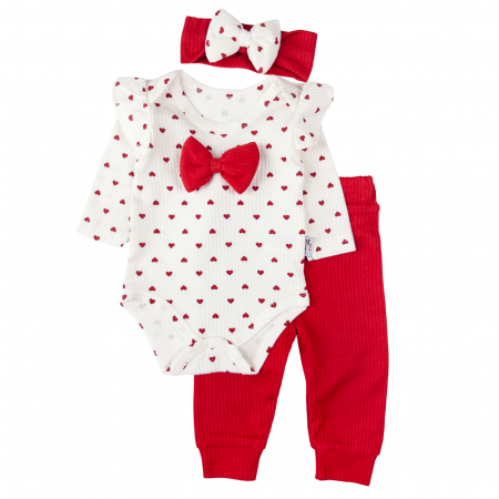 Imbracaminte nou-nascuti - Set 3 piese pentru fetite, model cu inimioare ❤️ -