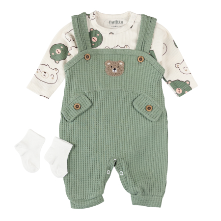 Compleuri bebelusi baieti - Set Salopetă și Body Ursuleț, 3 Piese, Verde/Alb