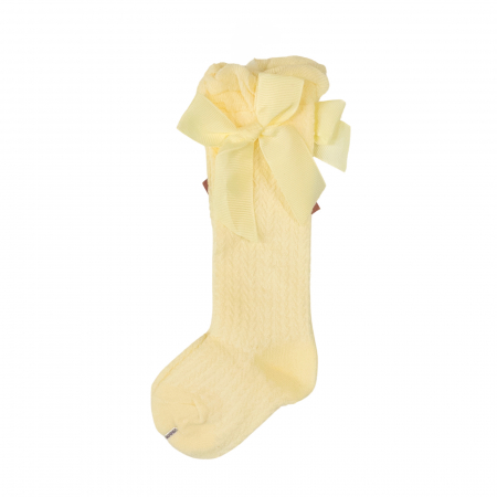 Botosi, sosete, dresuri, caciuli - Sosete trei sferturi 0-2 Ani, cu model din tesatura si fundita din satin, Galben