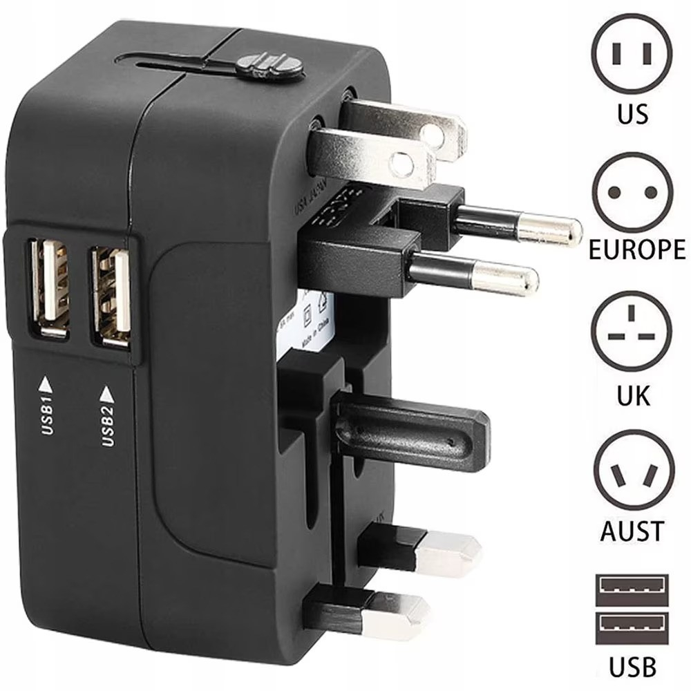 Adaptor incarcator universal de calatorie cu 2xUSB pentru EU, USA, UK, AUST, Negru [2]
