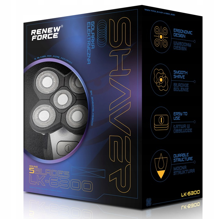 Aparat de ras electric Renew Force, Acumulator 2000 mAh, 5 Lame Rotunde, Impermeabil, Fara Fir, Negru Gri [6]