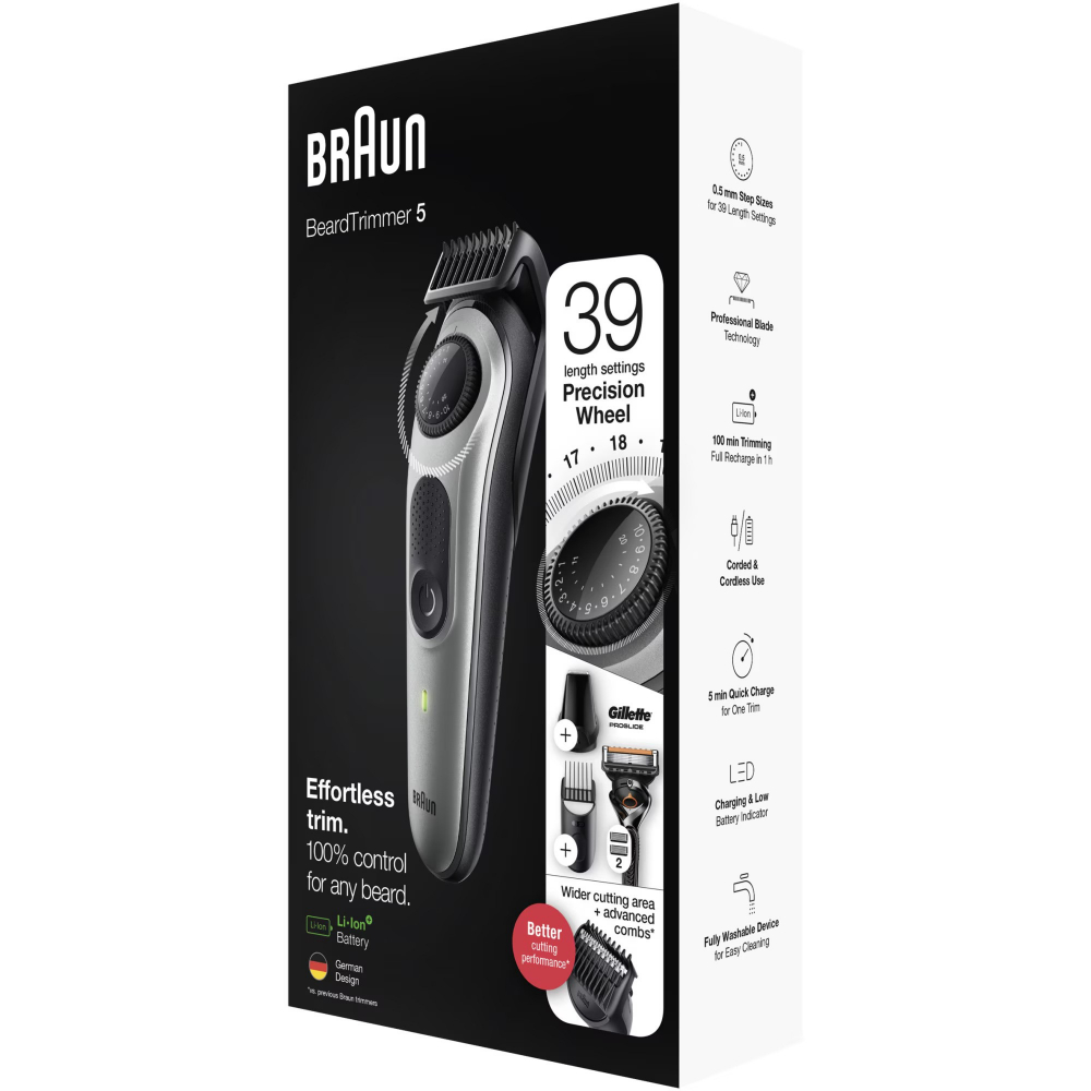 Aparat de tuns barba Braun Beard Trimmer BT5360, Wet&Dry, buton rotativ de precizie, 39 de setari pentru lungime, 1 cap de tundere, 2 piepteni, 1 aparat de ras Gillette, autonomie 100 minute, Negru/Ar [2]