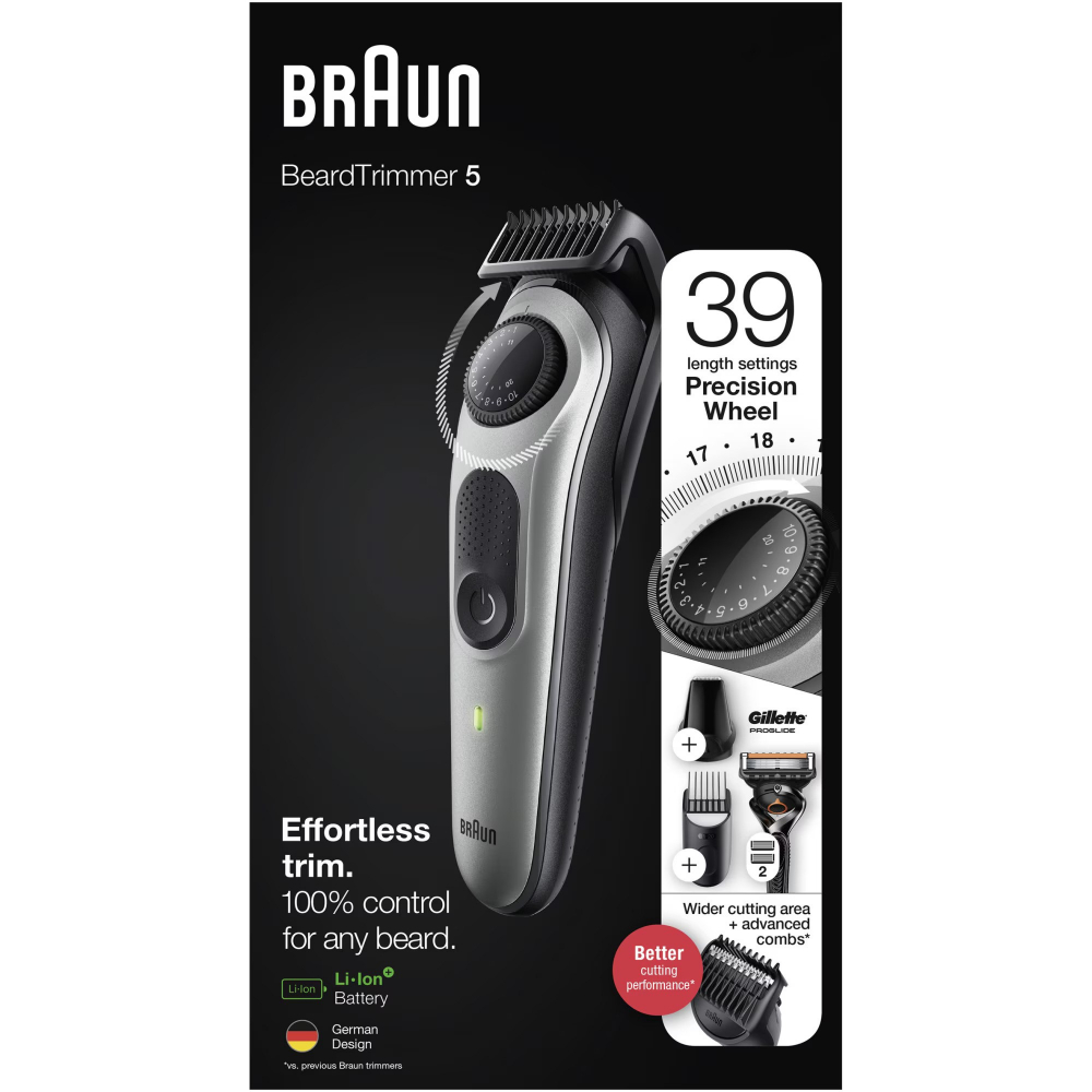 Aparat de tuns barba Braun Beard Trimmer BT5360, Wet&Dry, buton rotativ de precizie, 39 de setari pentru lungime, 1 cap de tundere, 2 piepteni, 1 aparat de ras Gillette, autonomie 100 minute, Negru/Ar [3]