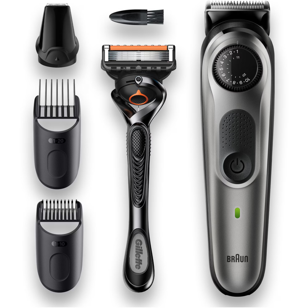 Aparat de tuns barba Braun Beard Trimmer BT5360, Wet&Dry, buton rotativ de precizie, 39 de setari pentru lungime, 1 cap de tundere, 2 piepteni, 1 aparat de ras Gillette, autonomie 100 minute, Negru/Ar [5]