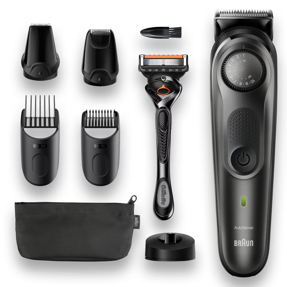 Aparat de tuns barba Braun Beard Trimmer BT7340, Wet&Dry, buton rotativ de precizie, lame de metal, 39 de setări pentru lungime, 2 piepteni, 2 accesorii extra, Aparat de ras Gillette, Saculet de voiaj [2]