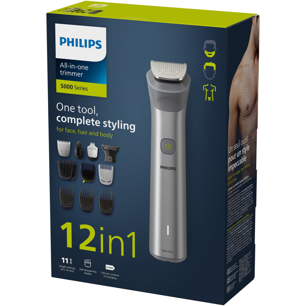 Aparat de tuns barba si parul 12 in 1 PHILIPS Multigroom All in One MG5940/15, tehnologie BeardSense, lame din otel cu auto-ascutire, 11 setari de lungime, rezistent la apa, husa, Negru / Argintiu [5]