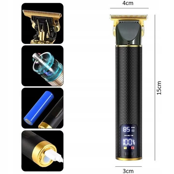 Aparat de tuns barba si parul 7 in 1 NewEvo, Afisaj LCD, Lama otel inoxidabil tip T-Blade, Acumulator 1300 mAh, Lungime taiere intre 0 si 9 mm, Cablu USB, Negru Auriu [4]