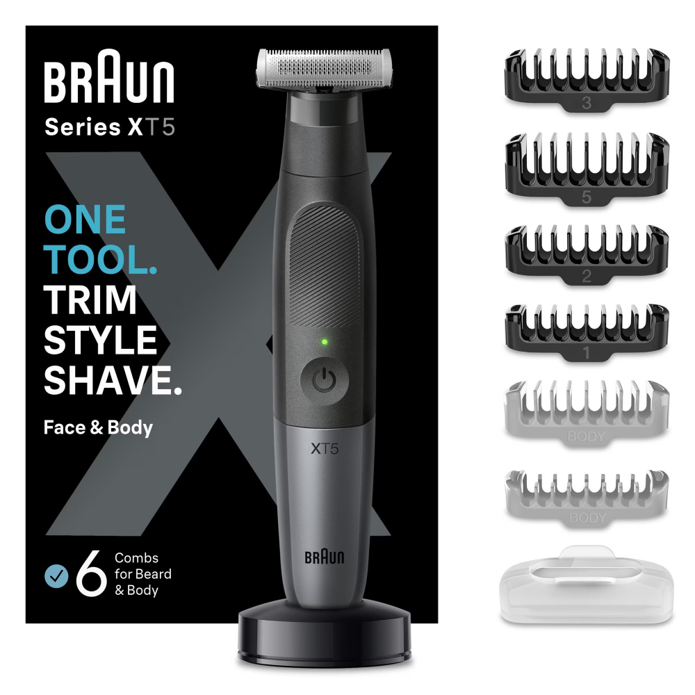 Aparat hibrid de barbierit si tuns barba Braun Series X XT5300 Wet&Dry, Lama 4D, 6 piepteni, 1 capac de protectie, autonomie 45 minute, Husa, Suport de incarcare, Negru [1]