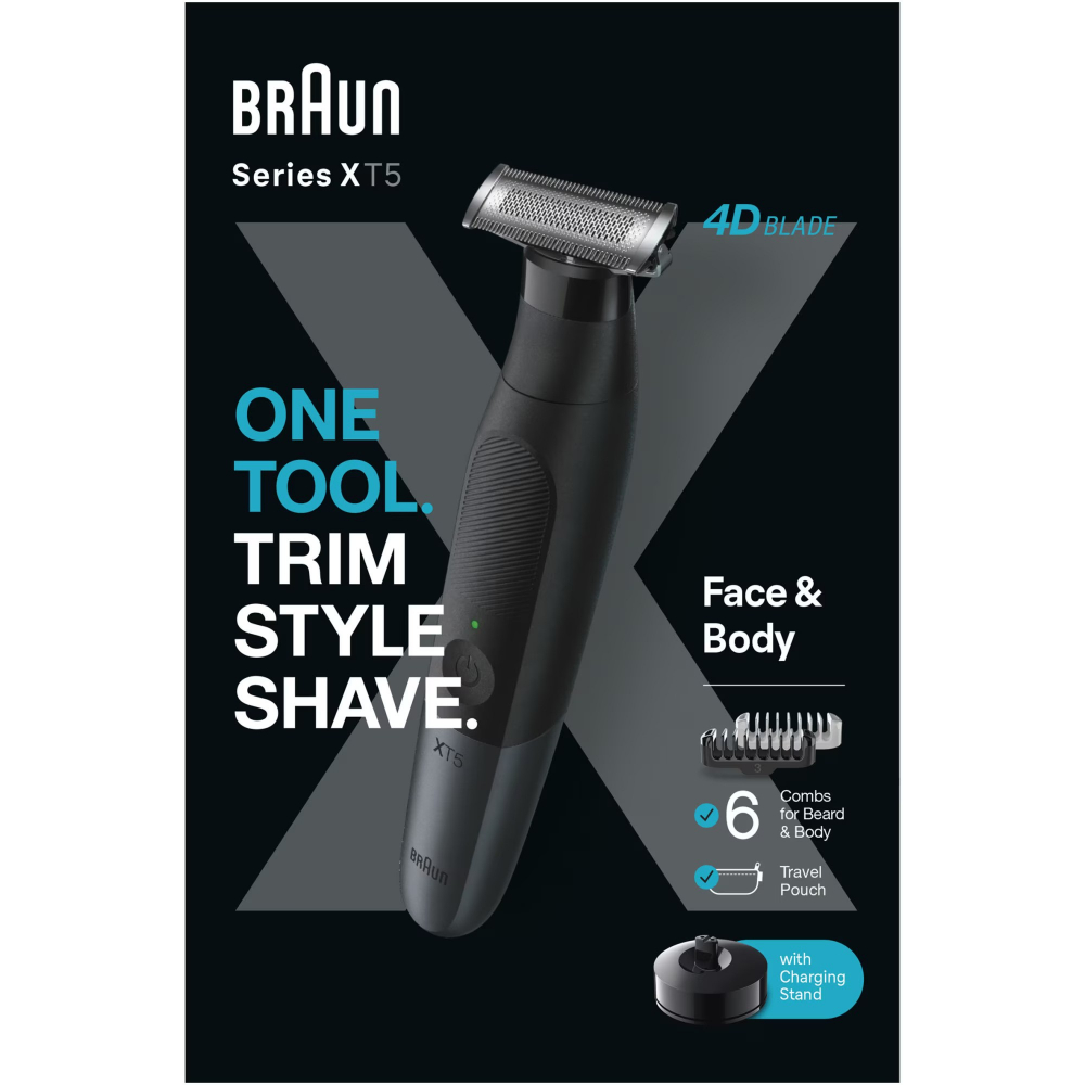 Aparat hibrid de barbierit si tuns barba Braun Series X XT5300 Wet&Dry, Lama 4D, 6 piepteni, 1 capac de protectie, autonomie 45 minute, Husa, Suport de incarcare, Negru [9]