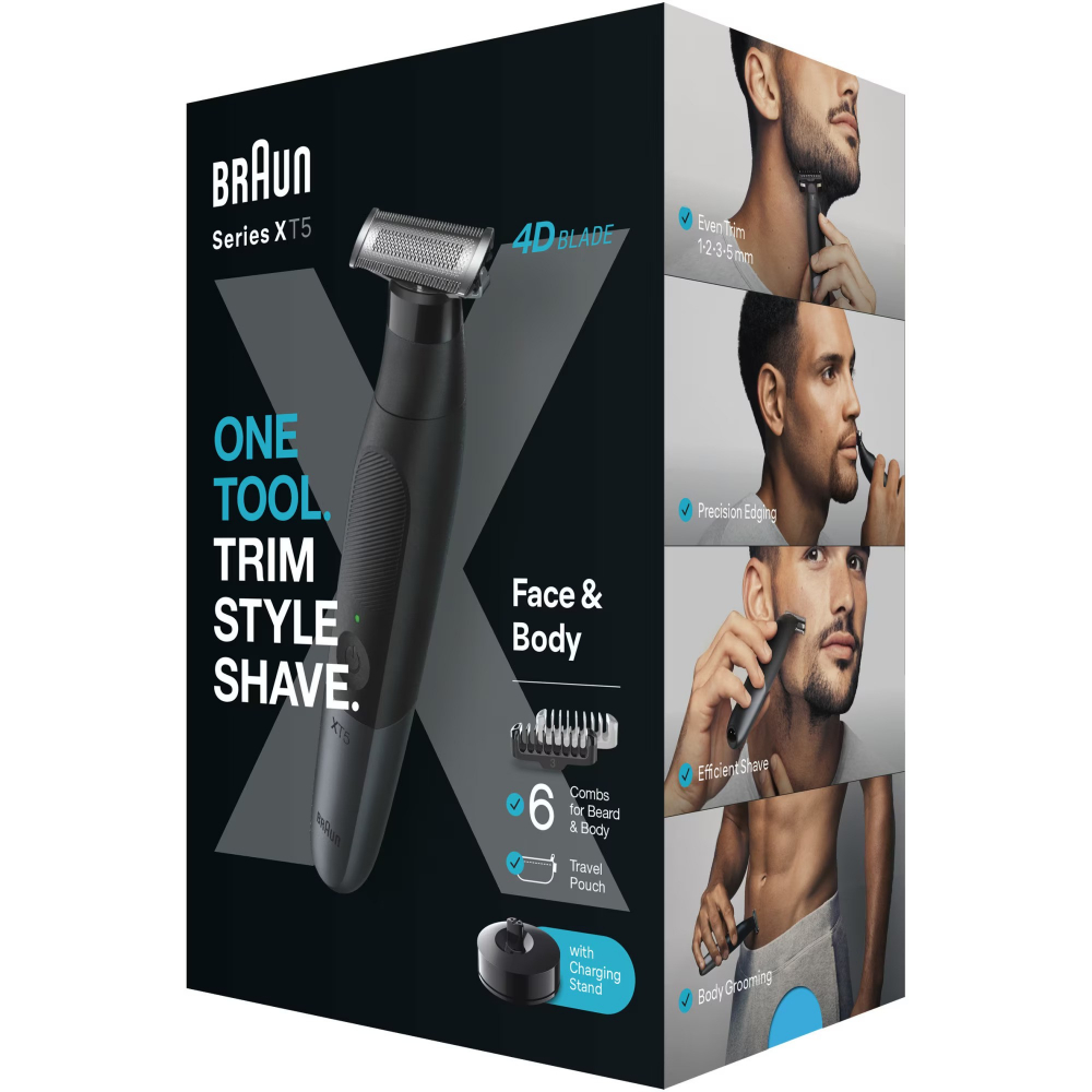 Aparat hibrid de barbierit si tuns barba Braun Series X XT5300 Wet&Dry, Lama 4D, 6 piepteni, 1 capac de protectie, autonomie 45 minute, Husa, Suport de incarcare, Negru [8]