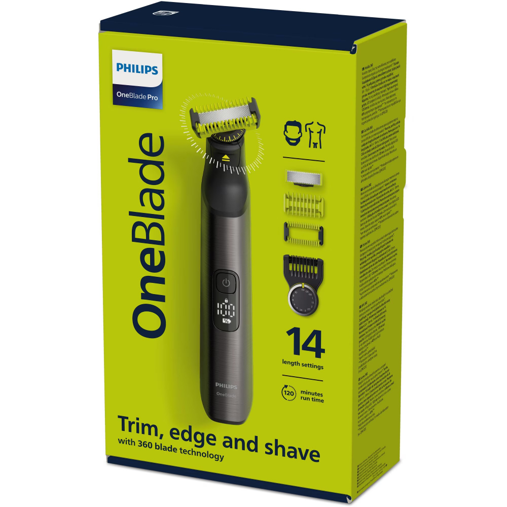 Aparat hibrid de barbierit, tuns barba si parul corporal Philips OneBlade Pro QP6551/17, pieptene 14 lungimi, lama inovatoare 360 cu 2 taisuri, afisaj digital LED, pieptene corp, reincarcabil,autonomi [2]