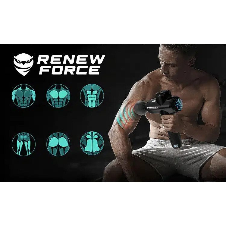 Aparat pentru masaj profesional tip pistol Renew Force,10 viteze, motor silentios, ecran LCD cu touchscreen, 3200 percutii, sistem racire, 3350mAh, 12 capete, servieta depozitare, Negru/Alb [3]