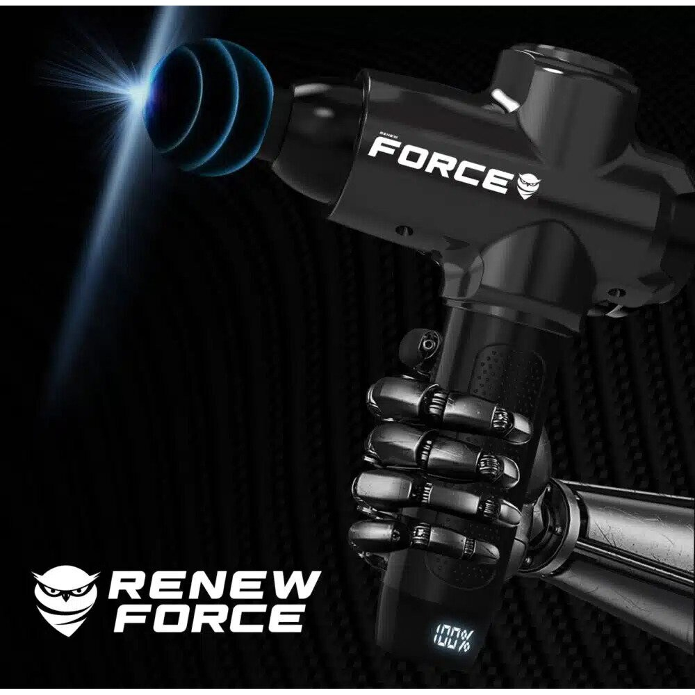 Aparat pentru masaj profesional tip pistol Renew Force,10 viteze, motor silentios, ecran LCD cu touchscreen, 3200 percutii, sistem racire, 3350mAh, 12 capete, servieta depozitare, Negru/Alb [2]