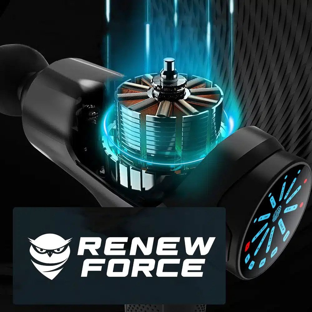 Aparat pentru masaj profesional tip pistol Renew Force,10 viteze, motor silentios, ecran LCD cu touchscreen, 3200 percutii, sistem racire, 3350mAh, 12 capete, servieta depozitare, Negru/Alb [4]