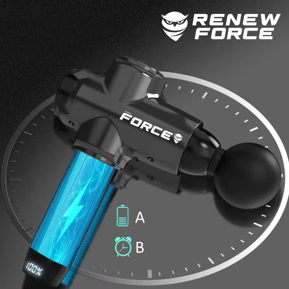 Aparat pentru masaj profesional tip pistol Renew Force,10 viteze, motor silentios, ecran LCD cu touchscreen, 3200 percutii, sistem racire, 3350mAh, 12 capete, servieta depozitare, Negru/Alb [7]