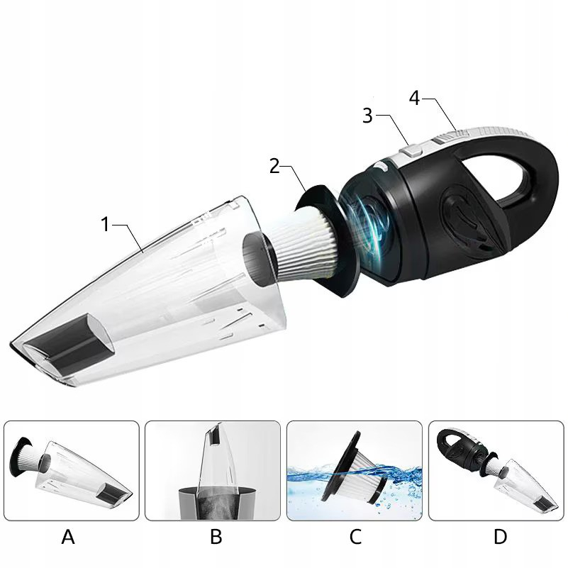 Aspirator de Mana Portabil cu Acumulator NewEvo, pentru Uz Casnic sau Auto, Incarcare USB, Putere 120W, Baterie 2000 mAh, 4 Accesorii Versatile pentru Curatare Rapida si Eficienta, Negru Gri [3]