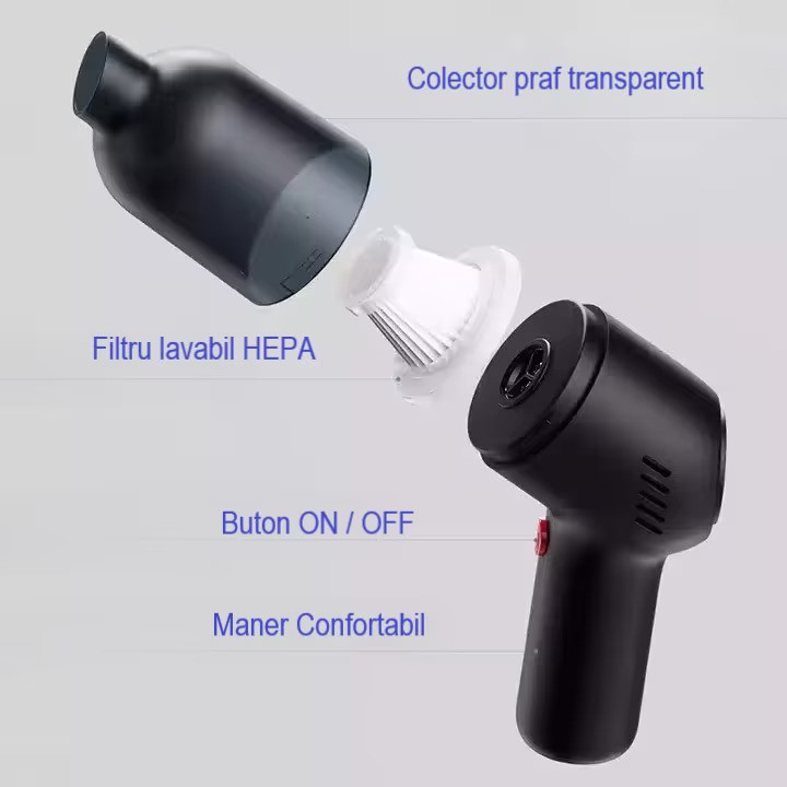 Aspirator de Mana Portabil cu Acumulator NewEvo, pentru Uz Casnic sau Auto, Putere 120W, Aspiratie 8000Pa, Baterie 2000 mAh, Autonomie 30 minute, Accesorii Versatile pentru Curatare Rapida si Eficient [3]