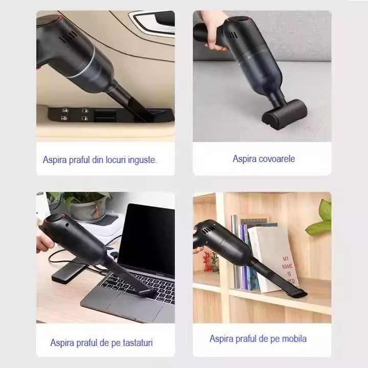 Aspirator de Mana Portabil cu Acumulator NewEvo, pentru Uz Casnic sau Auto, Putere 120W, Aspiratie 8000Pa, Baterie 2000 mAh, Autonomie 30 minute, Accesorii Versatile pentru Curatare Rapida si Eficient [4]