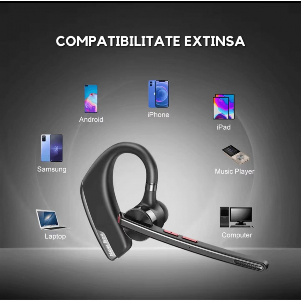 Casca Bluetooth Wireless New Bee , Baterie 60 ore 500mAH, Cu microfon dublu de reducere a zgomotului CVC 8.0, Bluetooth 5.2, Multipoint, Sunet HD, Conecatre la doua dispozitive simultan, Doua moduri de incarcare, Carcasa reincarcabila, Negru [8]