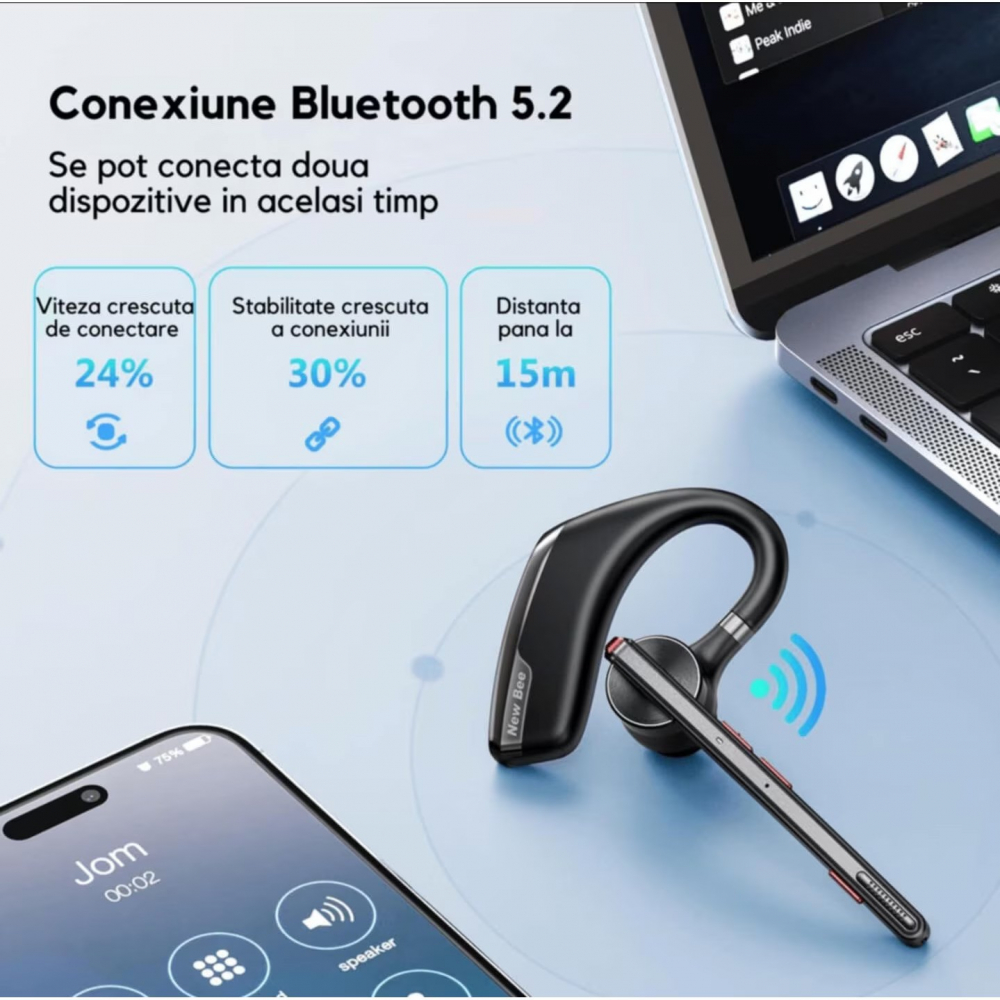 Casca Bluetooth Wireless New Bee , Baterie 60 ore 500mAH, Cu microfon dublu de reducere a zgomotului CVC 8.0, Bluetooth 5.2, Multipoint, Sunet HD, Conecatre la doua dispozitive simultan, Doua moduri de incarcare, Carcasa reincarcabila, Negru [6]