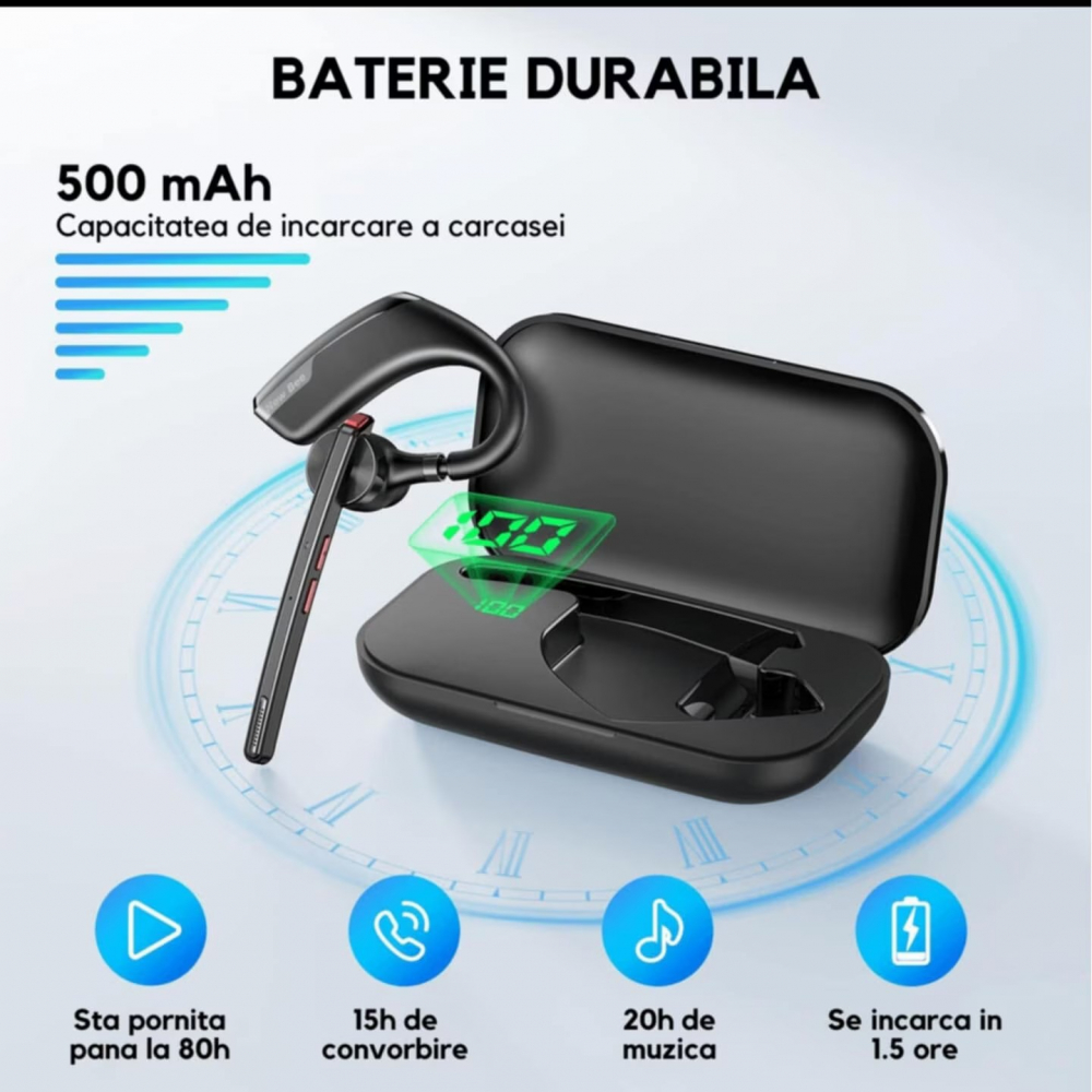 Casca Bluetooth Wireless New Bee , Baterie 60 ore 500mAH, Cu microfon dublu de reducere a zgomotului CVC 8.0, Bluetooth 5.2, Multipoint, Sunet HD, Conecatre la doua dispozitive simultan, Doua moduri de incarcare, Carcasa reincarcabila, Negru [2]