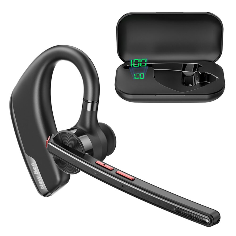 Casca Bluetooth Wireless New Bee , Baterie 60 ore 500mAH, Cu microfon dublu de reducere a zgomotului CVC 8.0, Bluetooth 5.2, Multipoint, Sunet HD, Conecatre la doua dispozitive simultan, Doua moduri de incarcare, Carcasa reincarcabila, Negru [1]