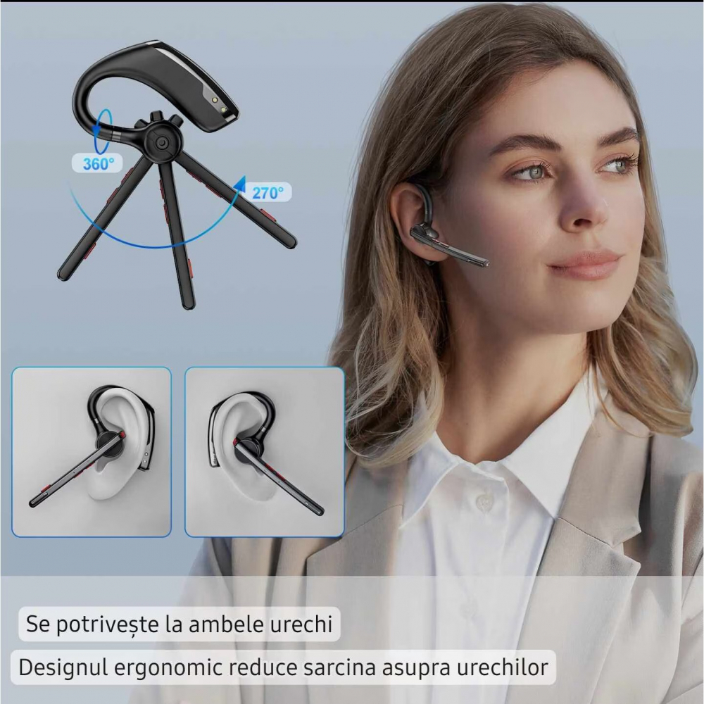 Casca Bluetooth Wireless New Bee , Baterie 60 ore 500mAH, Cu microfon dublu de reducere a zgomotului CVC 8.0, Bluetooth 5.2, Multipoint, Sunet HD, Conecatre la doua dispozitive simultan, Doua moduri de incarcare, Carcasa reincarcabila, Negru [3]