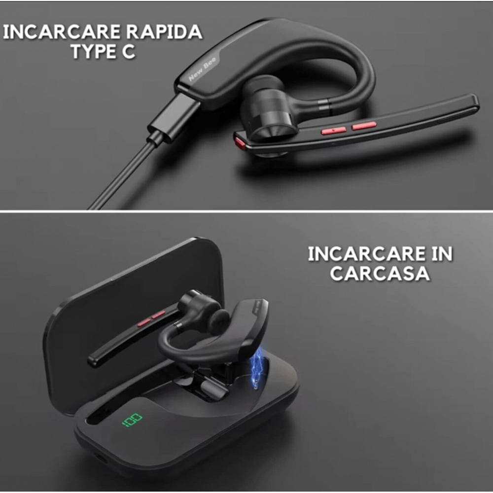 Casca Bluetooth Wireless New Bee , Baterie 60 ore 500mAH, Cu microfon dublu de reducere a zgomotului CVC 8.0, Bluetooth 5.2, Multipoint, Sunet HD, Conecatre la doua dispozitive simultan, Doua moduri de incarcare, Carcasa reincarcabila, Negru [9]