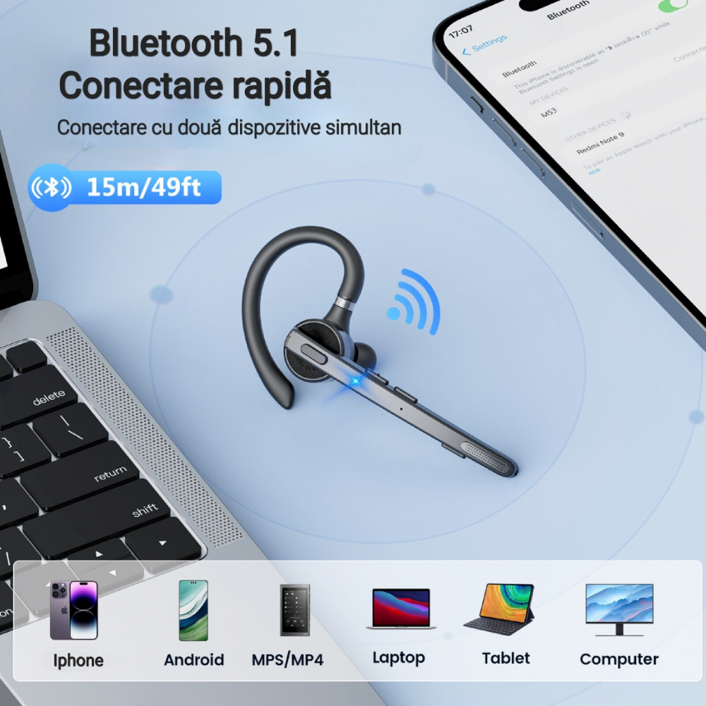 Casca Bluetooth Wireless New Bee , Bluetooth 5.1, Anulare zgomot, Cu carcasa de incarcare, Sunet HD, Multipoint, Autonomie baterie 60 ore, 10m, 13.6 grame, Buton mute, Negru [3]