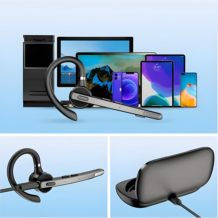 Casca Bluetooth Wireless New Bee , Bluetooth 5.1, Anulare zgomot, Cu carcasa de incarcare, Sunet HD, Multipoint, Autonomie baterie 60 ore, 10m, 13.6 grame, Buton mute, Negru [8]