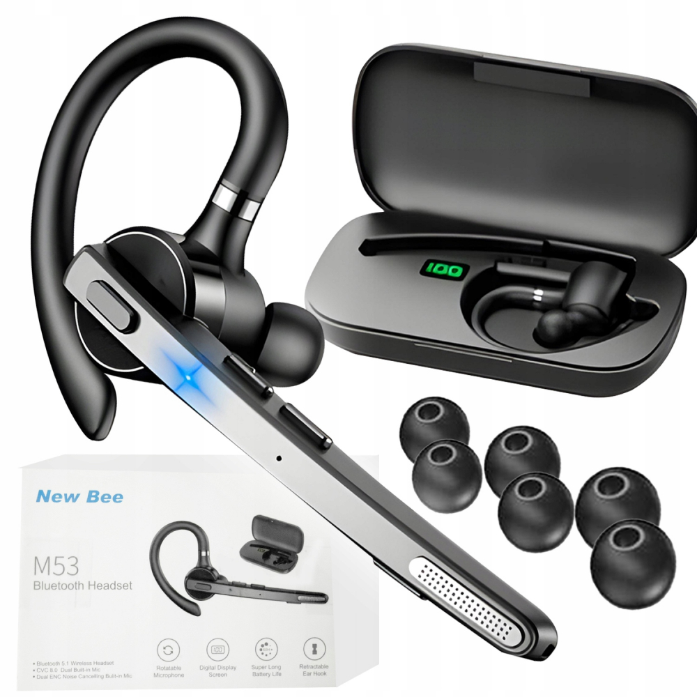 Casca Bluetooth Wireless New Bee , Bluetooth 5.1, Anulare zgomot, Cu carcasa de incarcare, Sunet HD, Multipoint, Autonomie baterie 60 ore, 10m, 13.6 grame, Buton mute, Negru [1]