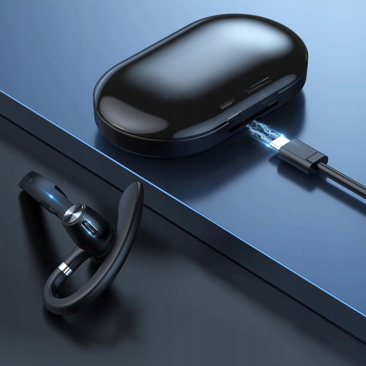 Casca Bluetooth Wireless NewEvo, Bluetooth 5.1, HandsFree, Compatibilitate Universala Samsung, iPhone, Huawei, Control tactil, Cutie de incarcare 400 mAh, Baterie incorporata 120 mAh, Conectare la doua dispozitive simultan, Negru  [3]