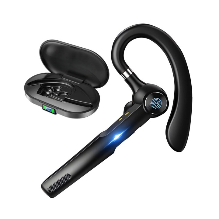 Casca Bluetooth Wireless NewEvo, Bluetooth 5.1, HandsFree, Compatibilitate Universala Samsung, iPhone, Huawei, Control tactil, Cutie de incarcare 400 mAh, Baterie incorporata 120 mAh, Conectare la doua dispozitive simultan, Negru  [1]
