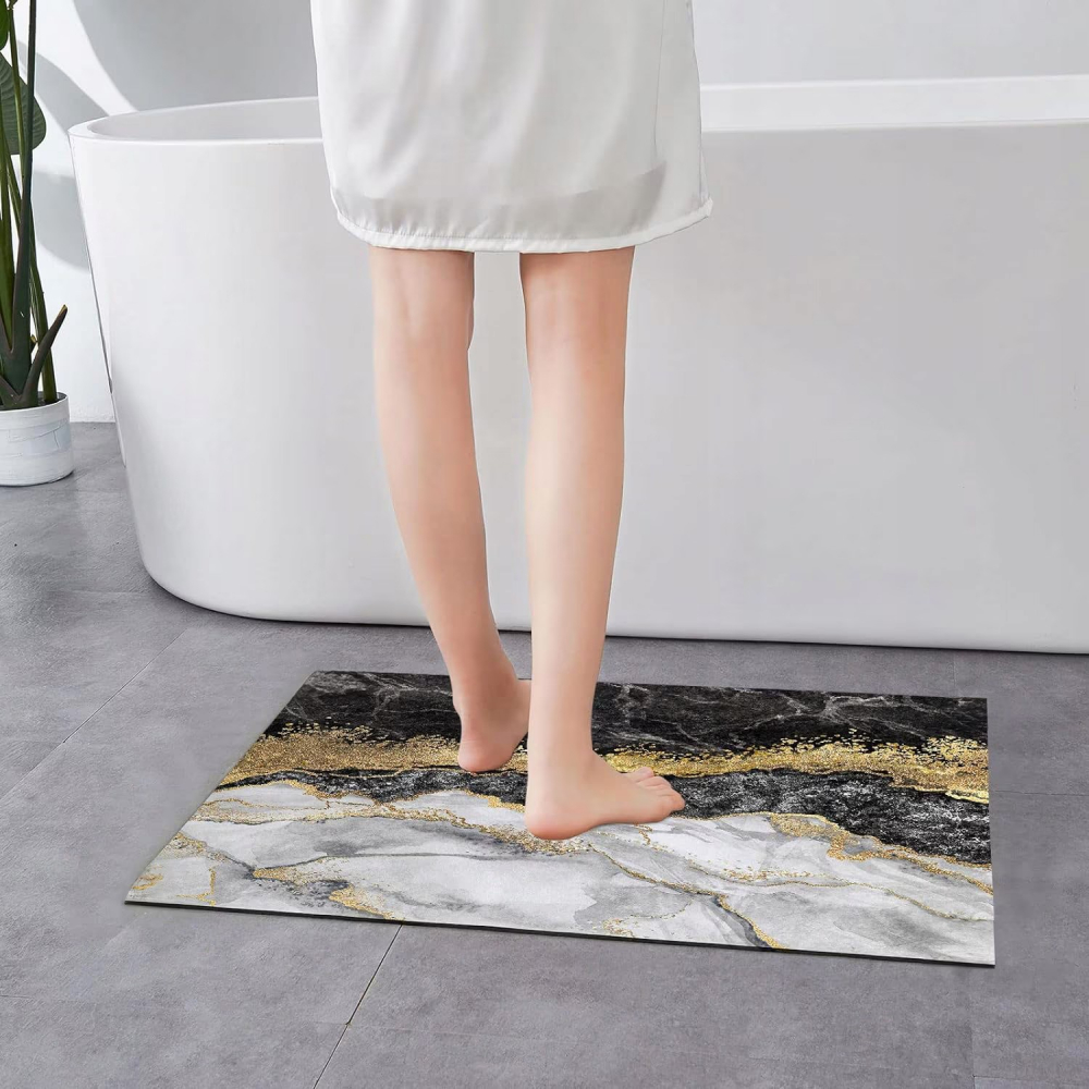 Covoras de baie modern, DexXer, Ultra absorbant, Antiderapant si uscare rapida, Model marmura, Ecologic usor de curatat, 50x80 cm, Poliester/Rubber, Negru [4]