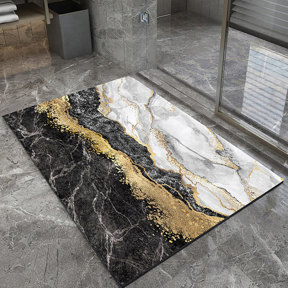 Covoras de baie modern, DexXer, Ultra absorbant, Antiderapant si uscare rapida, Model marmura, Ecologic usor de curatat, 50x80 cm, Poliester/Rubber, Negru [3]