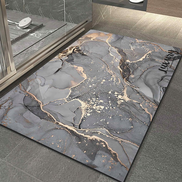 Covoras de baie modern, Ultra absorbant, Antiderapant si uscare rapida, Model marmura, Ecologic usor de curatat, 50x80 cm, Poliester/Rubber, Antracit [6]