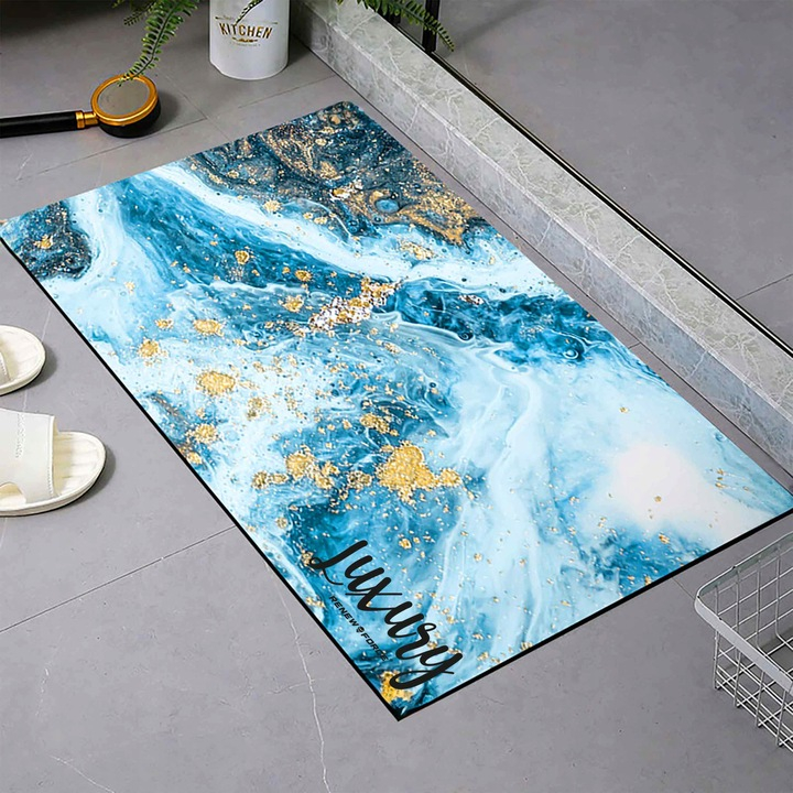Covoras de baie modern, Ultra absorbant, Antiderapant si uscare rapida, Model marmura, Ecologic usor de curatat, 50x80 cm, Poliester/Rubber, Model Ocean [5]